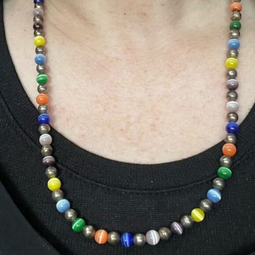 Vintage 90s 925 Sterling Silver Rainbow Cats Eye Colorful Beaded Necklace C3